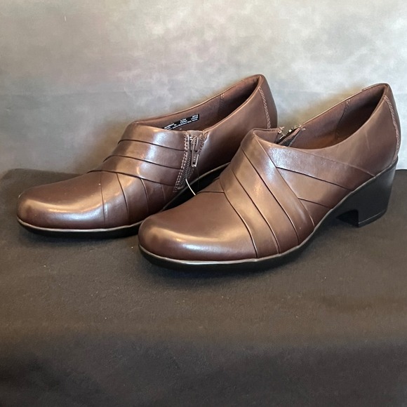 Clarks Shoes - Clarks Hope Roxanne Women's Dark Brown Leather Side Zip Wedge Ankle Bootie Shoes